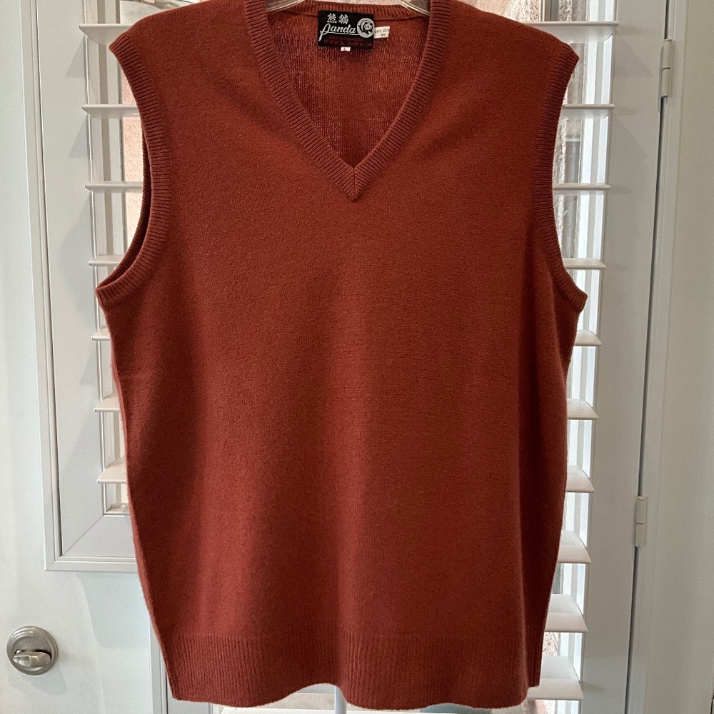 PANDA MENS L 100% CASHMERE SWEATER VEST ACADEMIA BACK TO SCHOOL CLASSIC BROWN